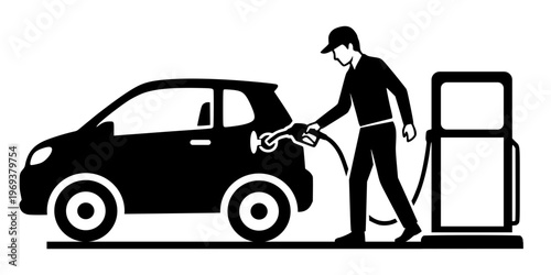 High-contrast graphic of a worker pumping gasoline into a car. Clean, modern vector art depicting a petrol station scene. Sharp, isolated icon style ideal for automotive and energy themes.
