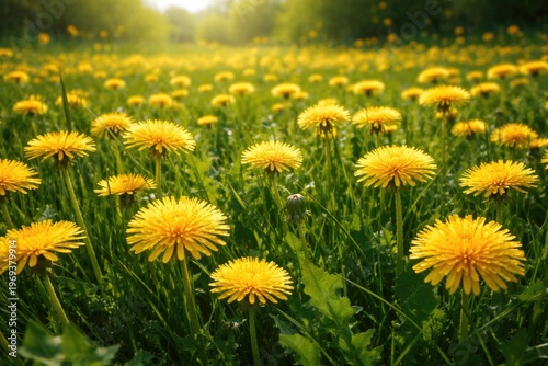 Bright yellow dandelion flowers blooming over dense green grass field