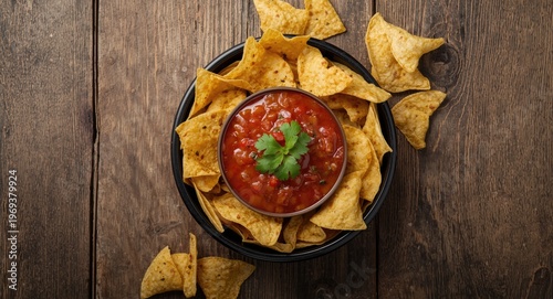Top view of crispy tortilla chips and spicy salsa served in a bowl on rustic wooden surface