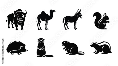 A collection of diverse animal silhouettes including a bison camel donkey and squirrel presented in a minimalist style silhouette high quality