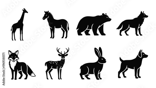 A collection of diverse wild animals is depicted in a striking black and white illustration in silhouette high quality professional detailed