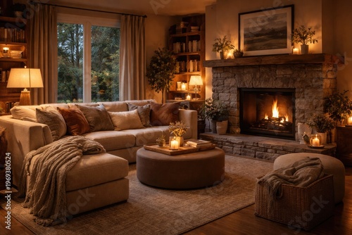 Inviting cozy living room interior featuring warm ambient lighting and plush soft furnishings for ultimate relaxation