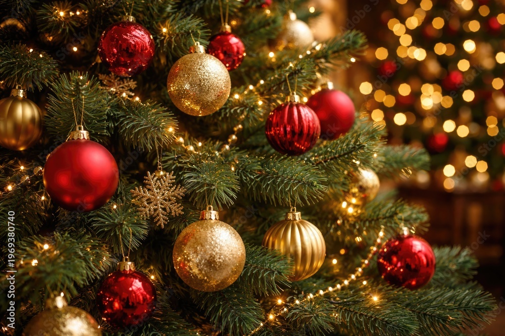 Fototapeta premium Close up of Christmas tree branches decorated with red and gold baubles in a cozy festive room
