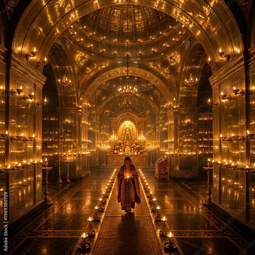 Fototapeta premium Interior View of an Ancient Stone Temple Illuminated by Golden Lamps