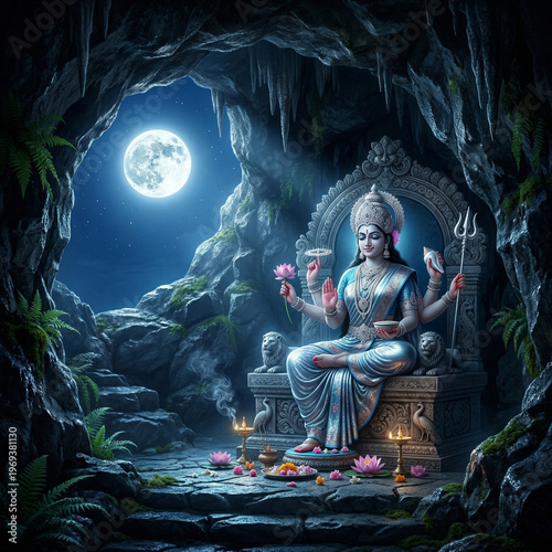 Divine Goddess Durga Seated in a Rocky Cave under Full Moonlight

