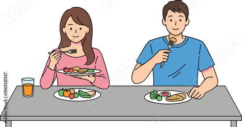 Couple Eating Healthy Meal Together at Dining Table Featuring Balanced Diet Food Plates and Modern Lifestyle Illustration with Flat Cartoon Characters