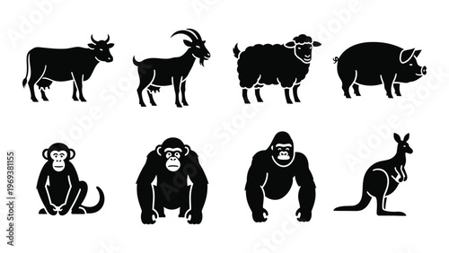 A collection of farm and wild animal silhouettes including a cow sheep gorilla and kangaroo silhouette high quality professional detailed modern