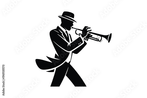 Silhouette of a man in a fedora and suit playing a trumpet trumpeter music