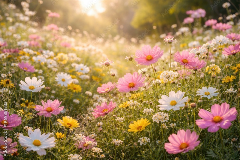 Obraz premium Vibrant flower meadow blooming with pink white and yellow petals under gentle sunlight in spring garden