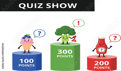 Quiz Show Game Concept Illustration Featuring Cartoon Food Characters on Podium with Points Score and Question Marks for Educational or Entertainment Design