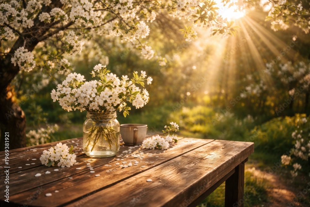 Naklejka premium Springtime scene with white blossoms and sunbeams behind a wooden table