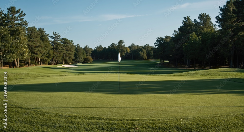 Fototapeta premium Golf course featuring a hole flag and large open copy space area
