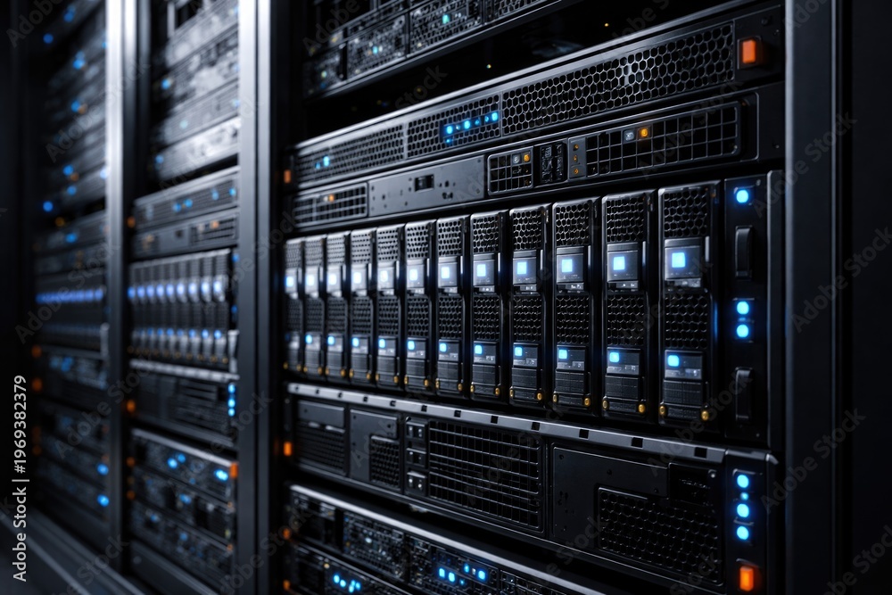 Fototapeta premium modern data center showcasing storage server with multiple hard disk bays