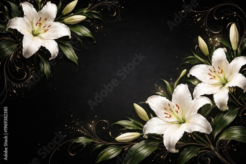 Black background with elegant Casablanca lily floral design template