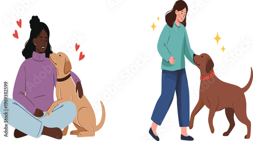 Women Bonding with Pet Dogs Illustration Set Featuring Happy Owners Playing, Sitting, and Caring for Loyal Pets with Love and Friendship Concept