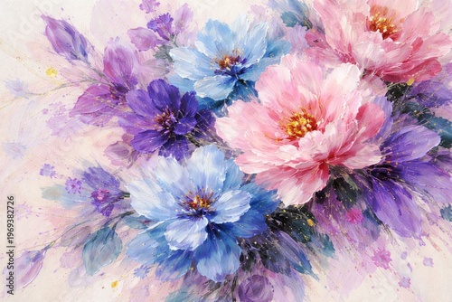 Close up of an artistic floral painting with pink and blue blossoms and violet petals on a white canvas