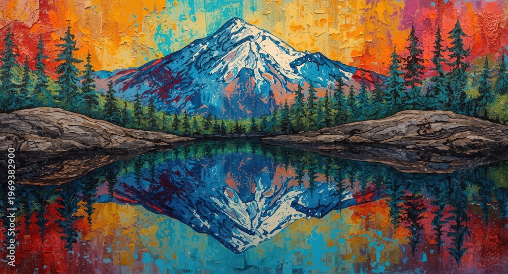 Naklejka premium vibrant abstract nature painting with mountain reflections in water and detailed wood textures