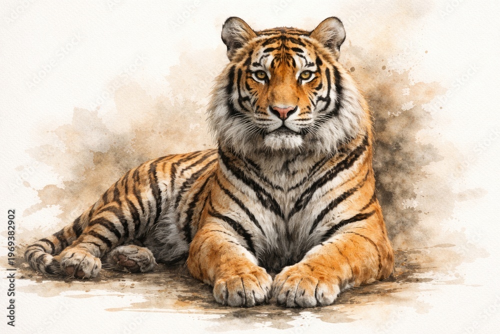 Obraz premium watercolor painting of a majestic tiger on a blank backdrop