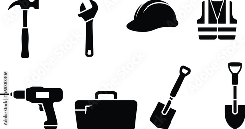 Basic construction tools and safety equipment icons with safety vest
