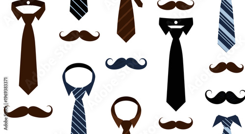 Ties and mustaches, vector icons, mens accessories, fashion elements, 16 graphics