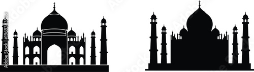 Silhouette vector illustration of Taj Mahal architectural landmark showcasing intricate Mughal design elements for branding and corporate visual identity