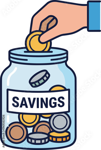 A hand putting coins into a labeled savings jar on a table indoors.