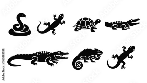 A collection of black reptile silhouettes including snakes lizards turtles and crocodiles presented in a minimalist style silhouette high quality professional