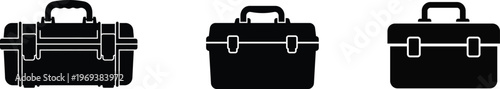 Three monochrome toolbox designs in line art style showcasing durable utility cases for professional use, minimalist vector illustration