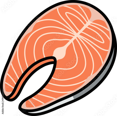 A vibrant orange salmon steak with white lines lies on a surface.
