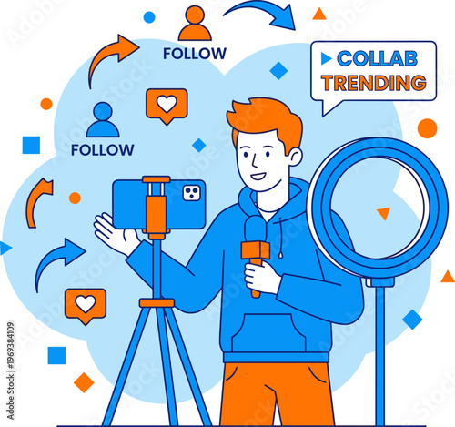 A young man records himself on a smartphone mounted on a tripod with a ring light for social media influencer content creation.