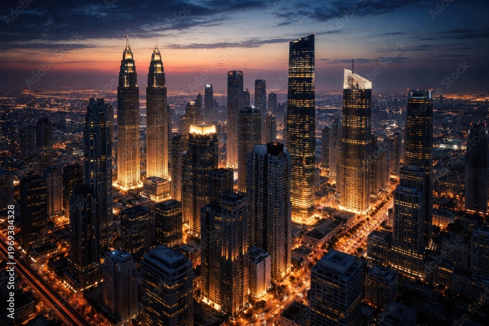 Obraz premium Aerial perspective of glowing skyscrapers at dusk highlighting urban business district