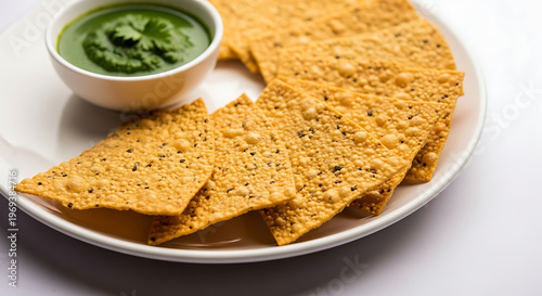 Crispy Gujarati Khakhra snack served on a white plate with green coriander chutney. Thin, hand-made roasted wheat crackers, a healthy and low-calorie tea-time snack from Gujarat, India. Perfectly seas
