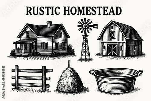 Set depicting a rustic homestead scene suitable for farm, real estate, or homesteadrelated businesses. Ideal for branding.