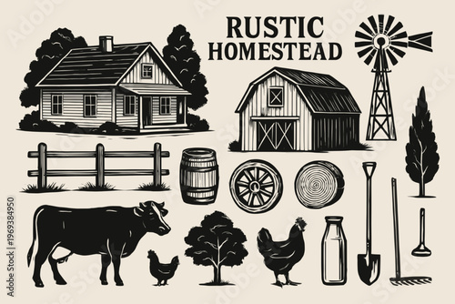 Set of rustic homestead logo vectors including farm animals and tools. Suitable for agricultural businesses, farmers markets, or rural brands.
