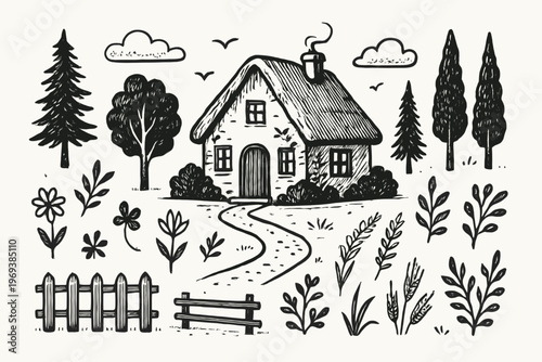 Whimsical sketched country house scene with trees and flowers ideal for branding design. Suitable for marketing materials and branding projects.