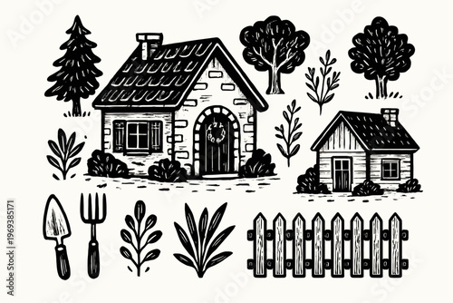 Monochrome house, tree, plant, gardening tool, yard illustrations ideal for naturethemed designs, gardening and landscaping resources, and home decor.