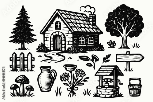 Set features quaint countryside scenes in black and white, perfect for charming design elements in naturethemed branding and materials.
