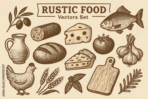 Set of rustic food vector logos for diverse culinary businesses. Perfect for restaurant branding, food blogs, and recipe books.