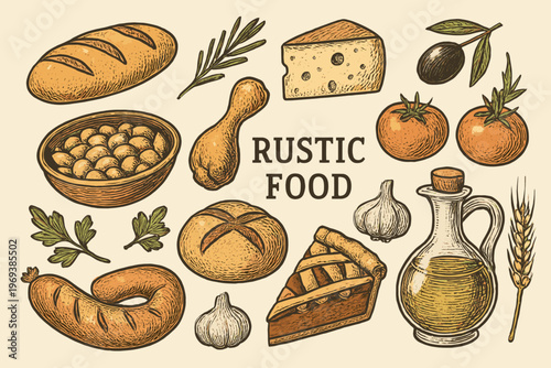 Rustic food vector logo set perfect for bakery or restaurant branding. Features bread, beans, pie, and olive oil icons.