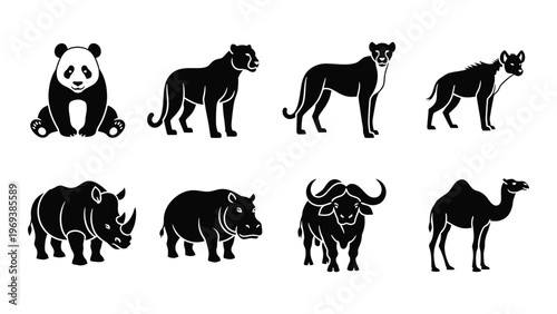 A collection of eight animal silhouettes including a panda lions a rhinoceros and a camel displayed on a white background silhouette