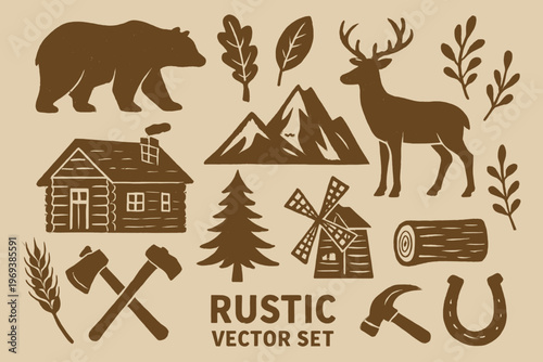 Set includes rustic symbols bear, cabin, and deer. Perfect for outdoor brands, hunting lodges, and naturethemed businesses.