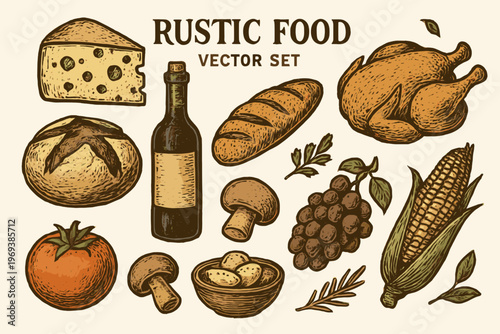 Set vector logo set ideal for rustic food businesses, featuring elements like cheese, bread, and grapes. Perfect for foodrelated branding.