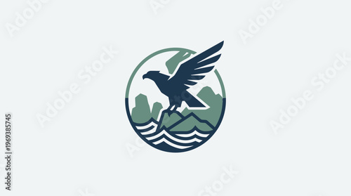 Eagle Soaring Over Water and Mountains Logo Design