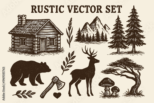 Rustic cabin set with bear, deer, axe, and pine trees, ideal for naturethemed designs, outdoorsy concepts, or wildernessthemed projects.