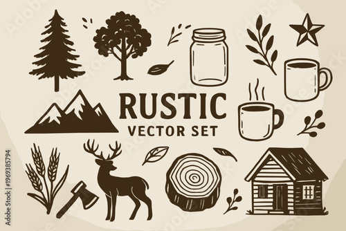 Rustic woodland elements illustration suitable for naturethemed designs. Perfect for stationery, invitations, branding, and packaging projects.