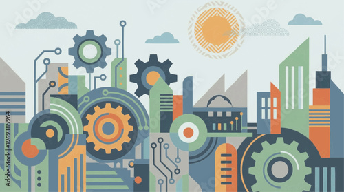 Cityscape with gear mechanisms and technology.