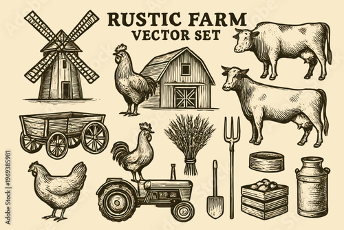 Set with rustic farm elements suitable for agricultural businesses looking for a charming and traditional design for their brand.