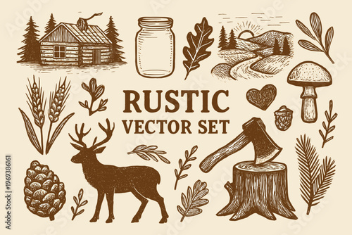 Rustic naturethemed illustrations of trees, log cabin, deer, and pinecones. Suitable for outdoor or cabinthemed designs.
