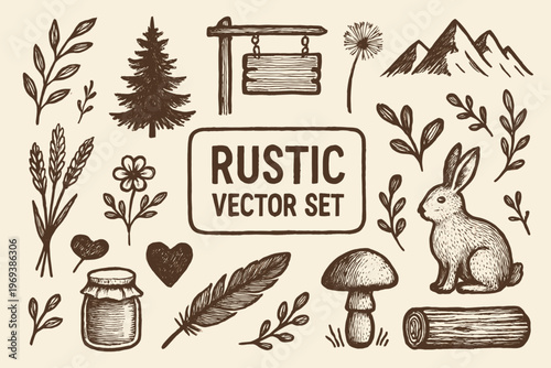 Set featuring rustic nature items, rabbits, and other designs for logo creation. Perfect for naturethemed brands and businesses.
