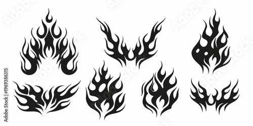 Black tribal flame designs arranged in various shapes and groupings